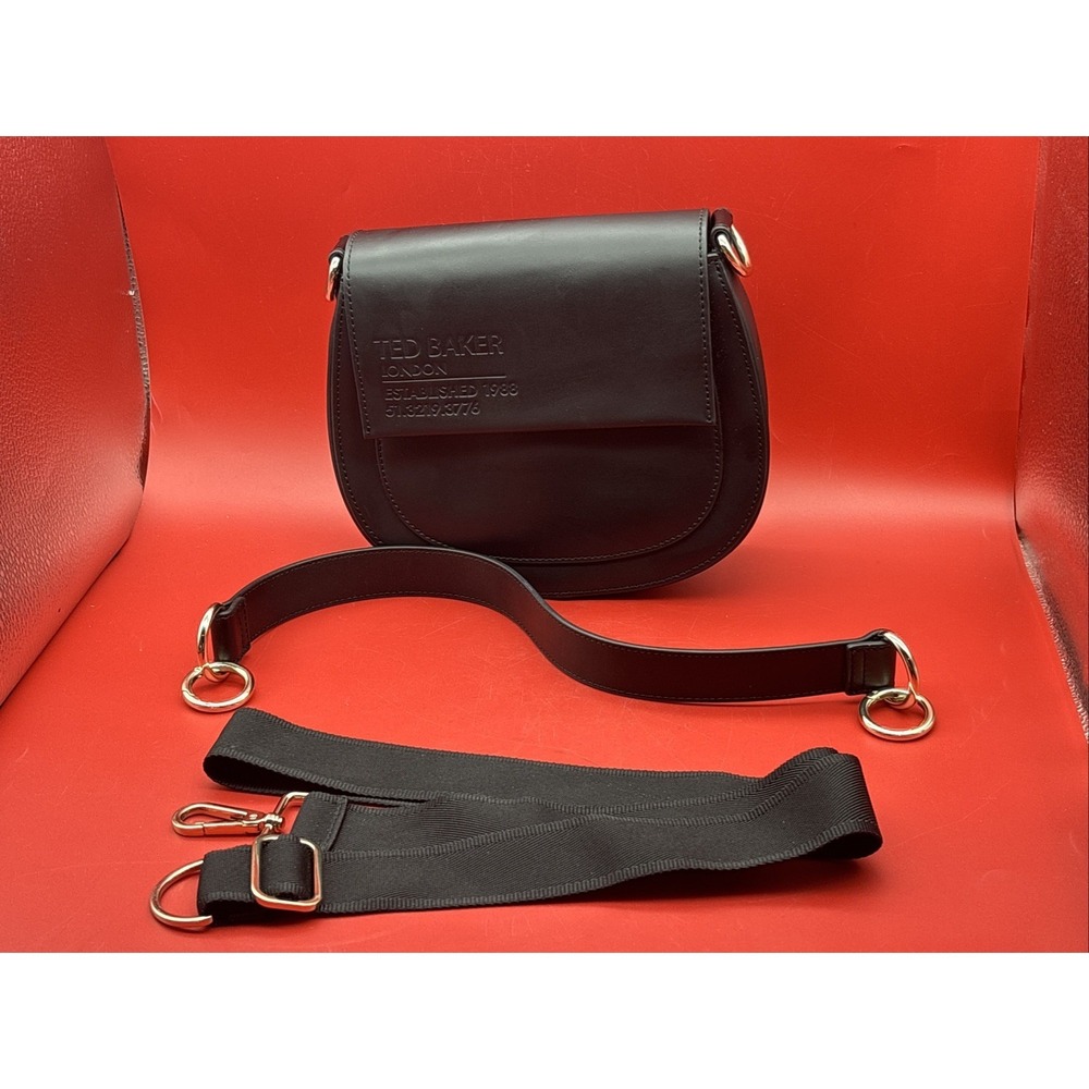 Ted Baker London Black Leather Saddle Crossbody Bag Gold Hardware Branded Logo